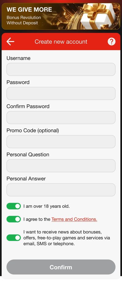 Create new account form with username, password and consent toggles.