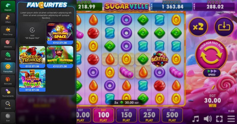 In-game navigation bar open on Favourites beside a running slot game.