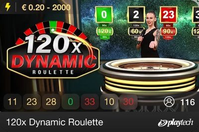 Live game thumbnail for 120x Dynamic Roulette showing bet limits, recent numbers and the player count.