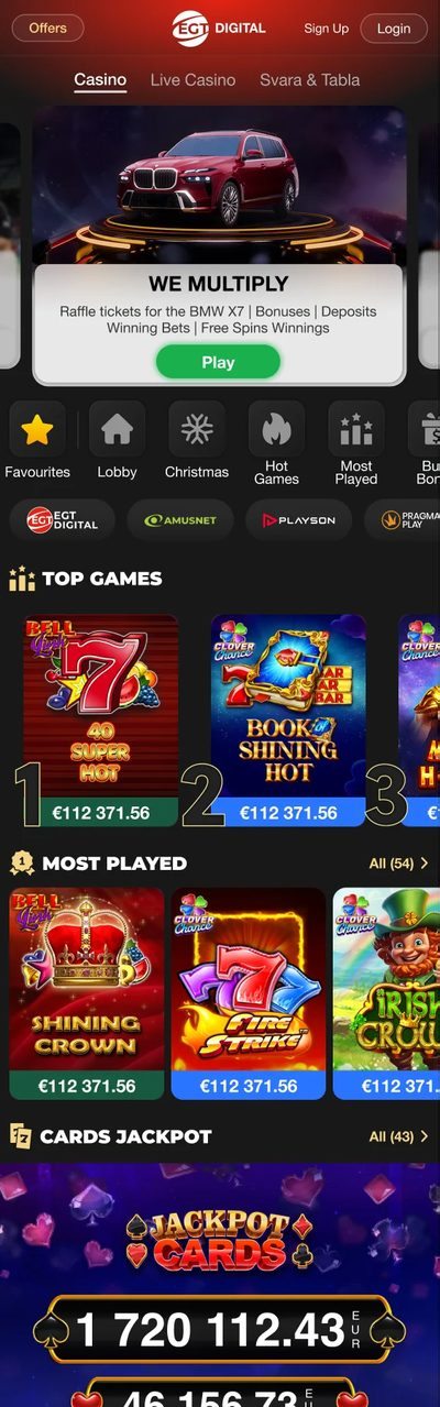 Mobile casino lobby with category shortcuts, top games, most played games and a jackpot banner.