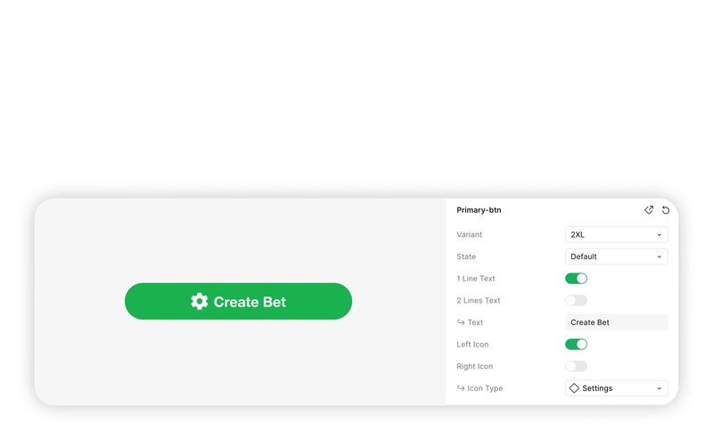 Figma properties panel for a Create Bet primary button, with its variant, state and icon options.