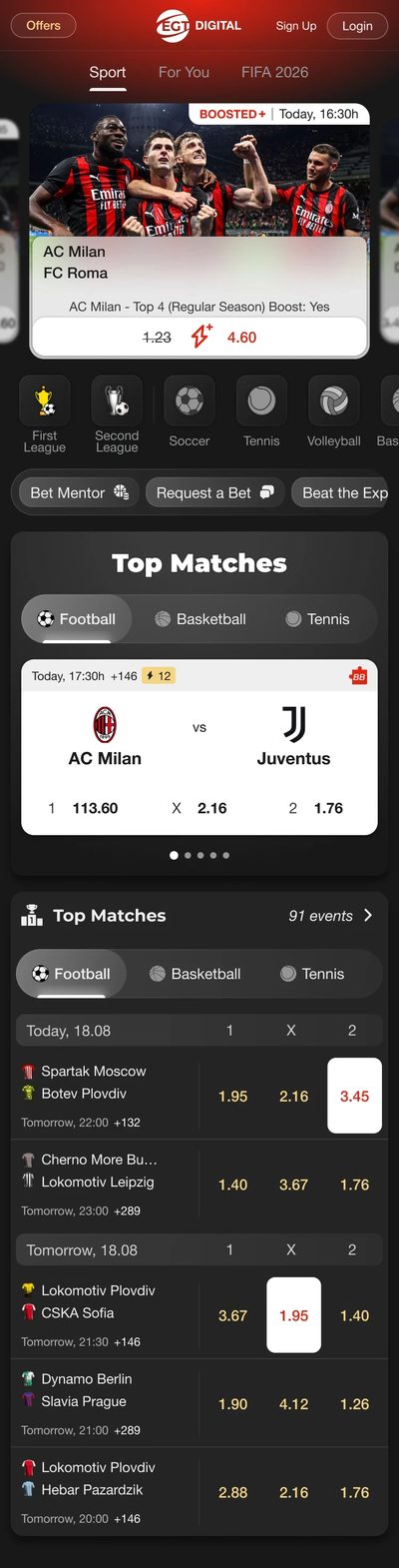 Mobile sportsbook lobby with a promotional banner, sport shortcuts and top matches.