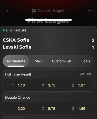 Quick view sheet for CSKA Sofia against Levski Sofia with full-time result and double chance markets.