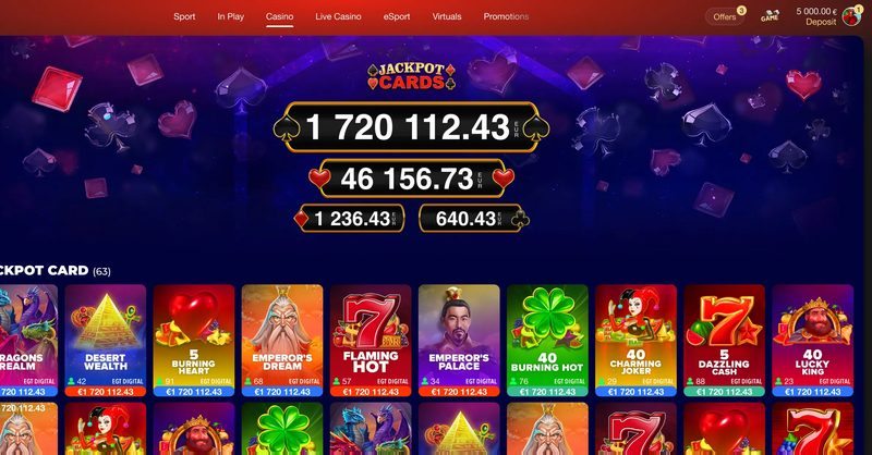 Jackpot Cards category with running jackpot totals above a grid of games.