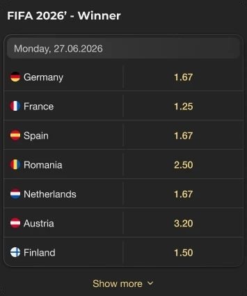Outright winner market for the 2026 tournament, listing countries and their odds.