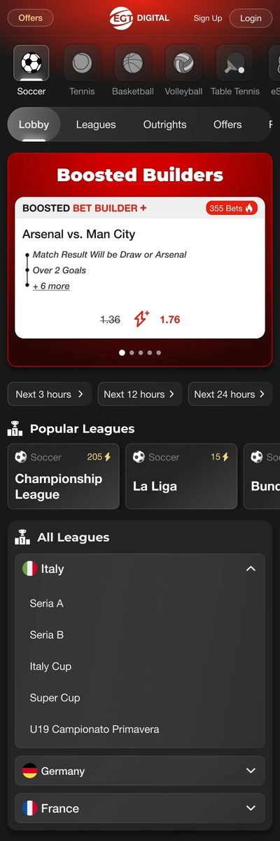 Soccer lobby with boosted bet builders, popular leagues and a list of all leagues.