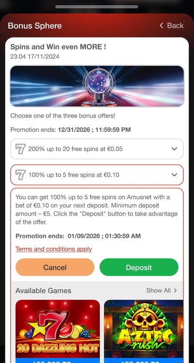 Open bonus offer with three options to choose from, its terms and a Deposit button.