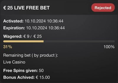 Bonus history card for a rejected €25 live free bet, showing its wagering progress.