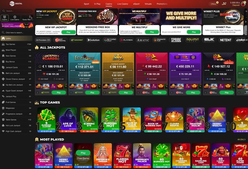 Desktop casino lobby with promotional banners, jackpots, top games and most played games.