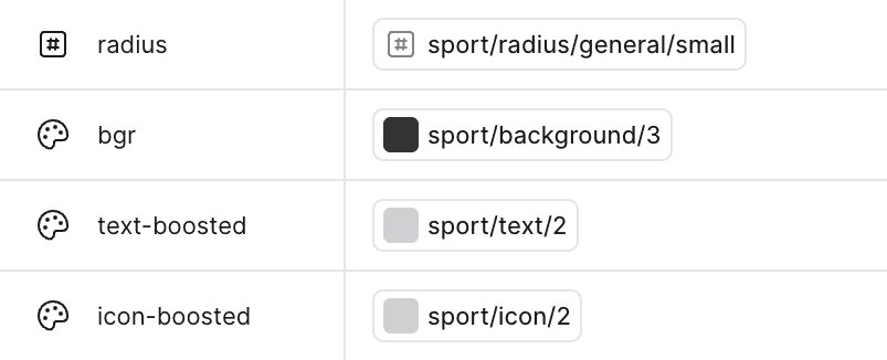 Level 3 token table: radius, background, text and icon mapped to sport tokens.