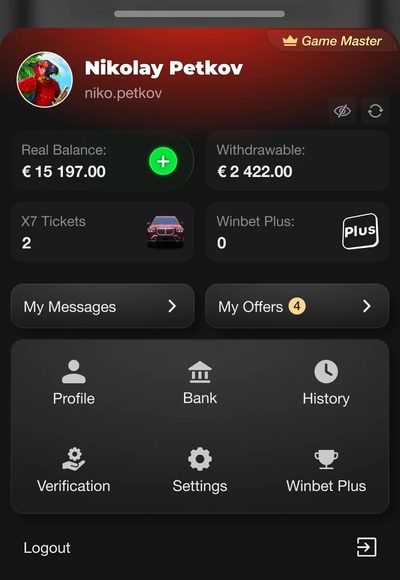 Player profile menu with balance, withdrawable amount, messages, offers and account shortcuts.