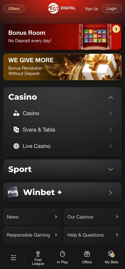 Mobile menu with bonus banners and Casino, Sport and Winbet Plus sections.