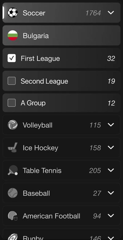 Sportsbook sidebar listing sports with their event counts, with Soccer open on the Bulgarian leagues.