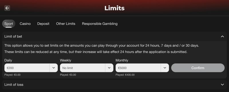 Limits page for setting daily, weekly and monthly bet limits.