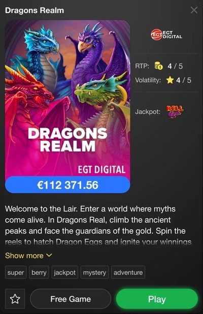 Game info pop-up for Dragons Realm showing RTP, volatility, jackpot and a Play button.