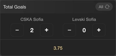 Total Goals market with plus and minus controls to set each team’s goals.
