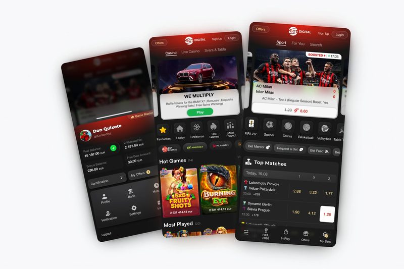 Three phones showing the platform in different partner brands