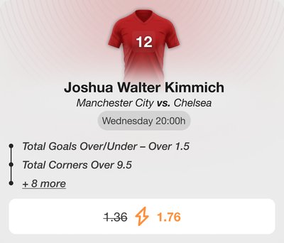 Player bet builder card for Joshua Walter Kimmich with the price boosted from 1.36 to 1.76.