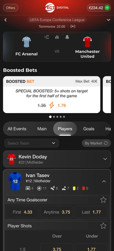 Event page for FC Arsenal against Manchester United with boosted bets and player markets.